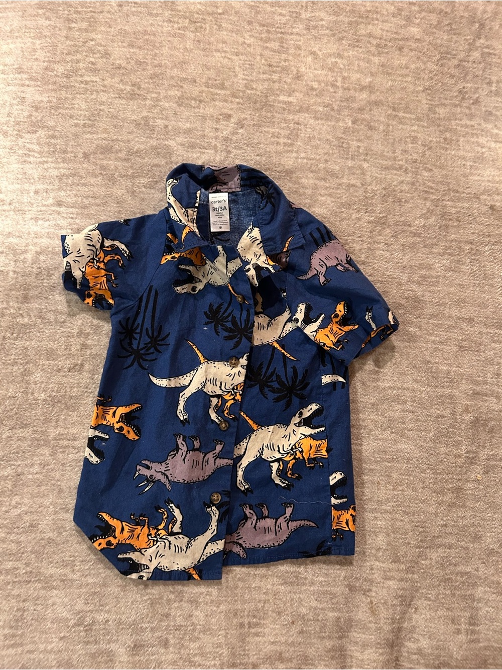 Carter's Navy Blue Short-Sleeve Button-Up Shirt with Multi-Color Dino Print